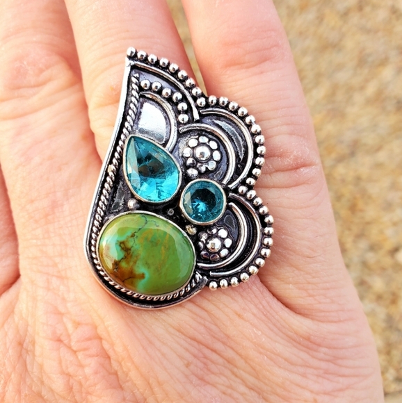 New Chrysocolla & Blue Topaz 925 Silver Ring. - Picture 15 of 16